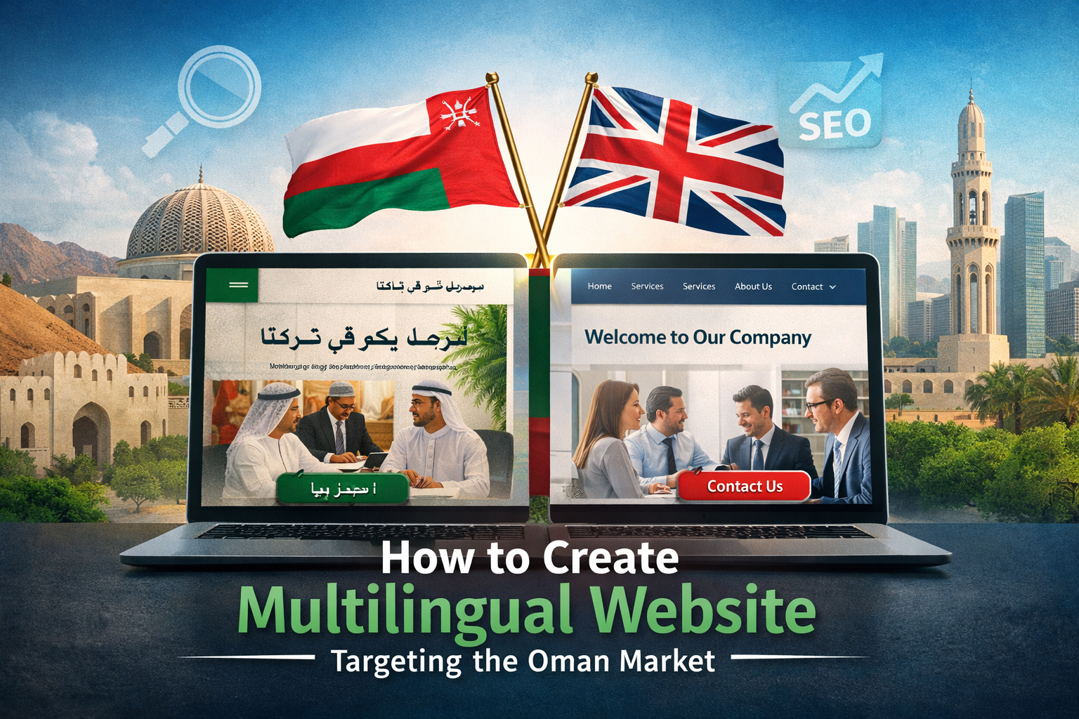 Illustration showing Arabic and English versions of a business website on two laptops, with Oman and UK flags and Omani landmarks, representing multilingual website design for the Oman market.