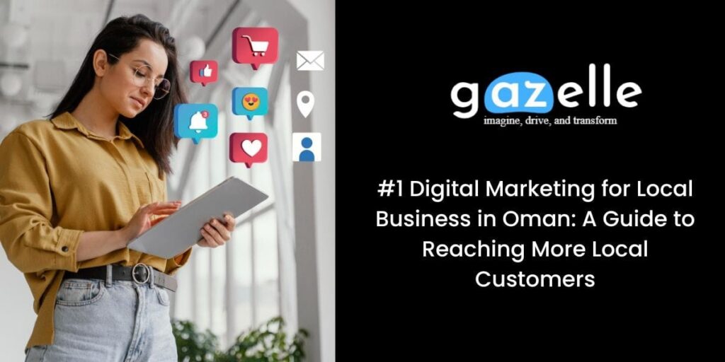 Digital marketing guide for local businesses in Oman featuring social media engagement, online shopping, and customer outreach concepts.
صورة ترويجية للتسويق الرقمي تُظهر سيدة تستخدم جهازًا لوحيًا مع رموز وسائل التواصل الاجتماعي والتجارة الإلكترونية.